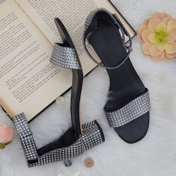 Vince Checkered Rita Block Heel Leather Sandals Size US 8M‎ EU 38 - Picture 1 of 12